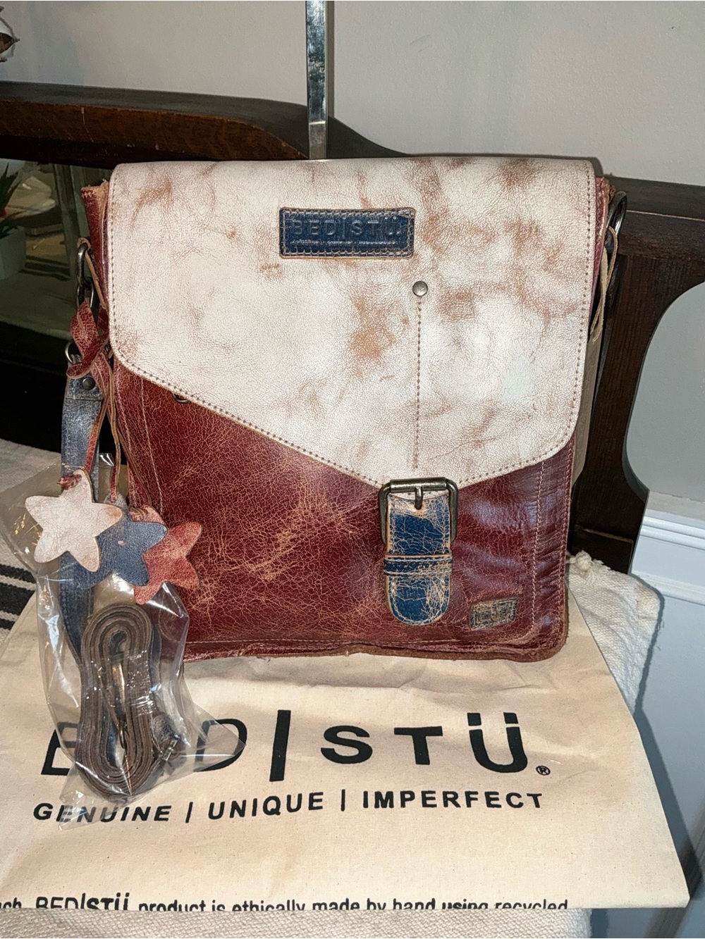 NWT Bed Stu Venice Beach Crossbody Bag Red White Blue Americana Lux MSRP $275
